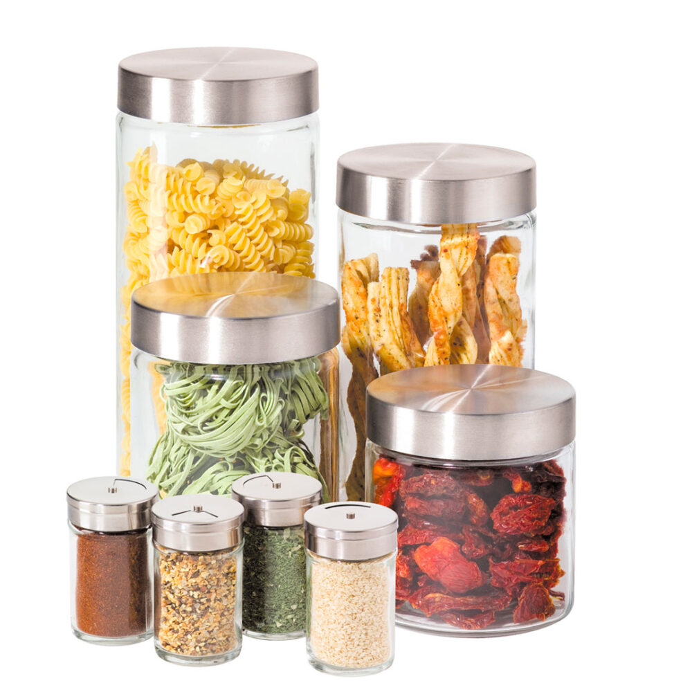 SET DE 8 DEPÓSITOS DE VIDRIO CON TAPA