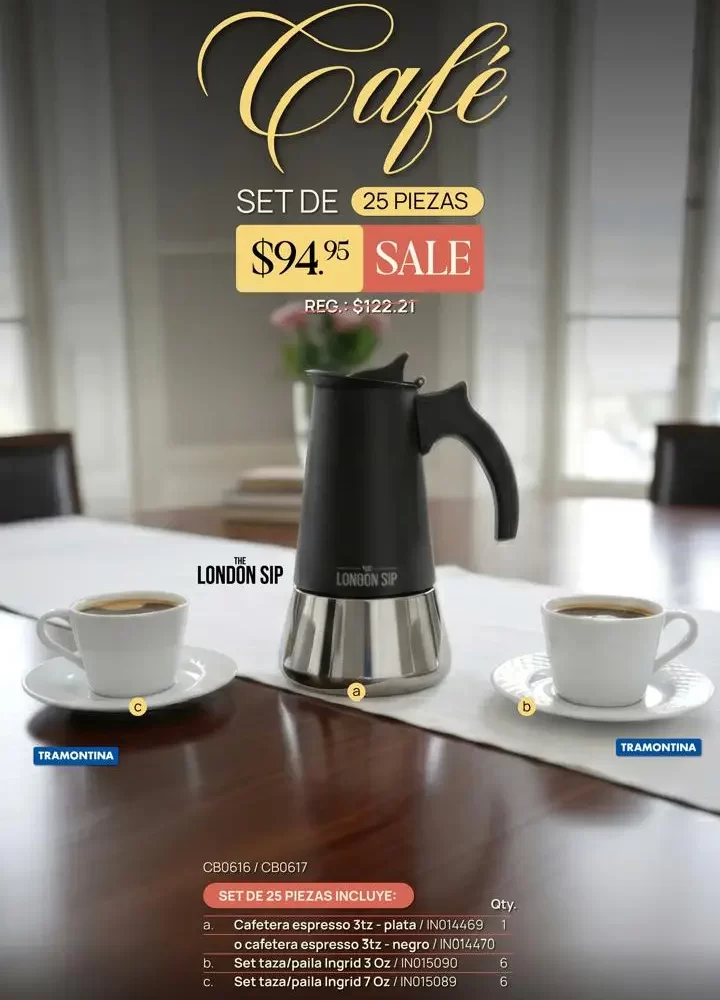 SET PARA CAFÉ DE 25 PIEZAS CAFETERA PLATA
