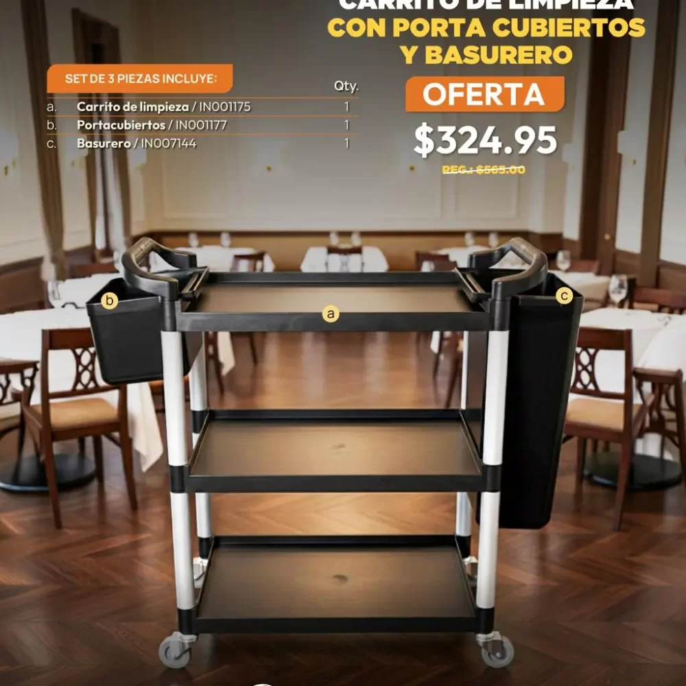 CARRITO DE LIMPIEZA CON PORTA CUBIERTOS Y BASURERO