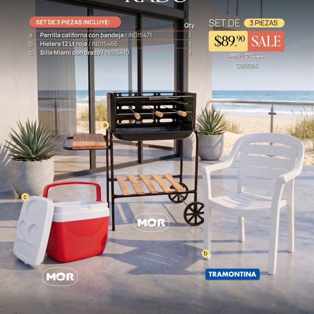 SET SILLA MIAMI CON BARBACOA CALIFORNIA Y HIELERA DE 12 LITROS ROJA