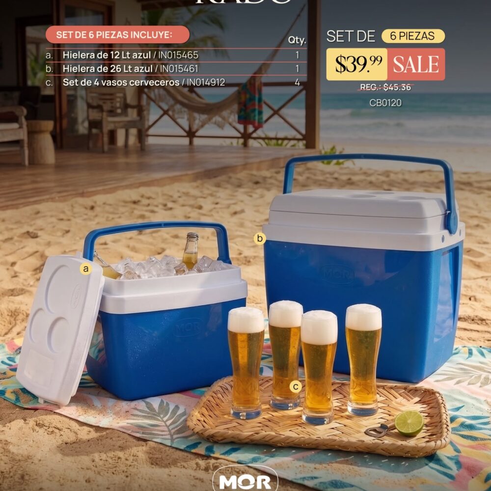 SET DE 2 HIELERAS AZUL DE 27 LITROS Y 12 LITROS CON SET DE 4 VASOS CERVECEROS